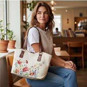 Patricia Nash, Rhea Aegean Bloom Floral Embroidered Cream Tote Purse Bag